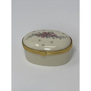 Lenox Petite Rose Porcelain Trinket Box hinged Lid Floral Design Gold Trim 3in.